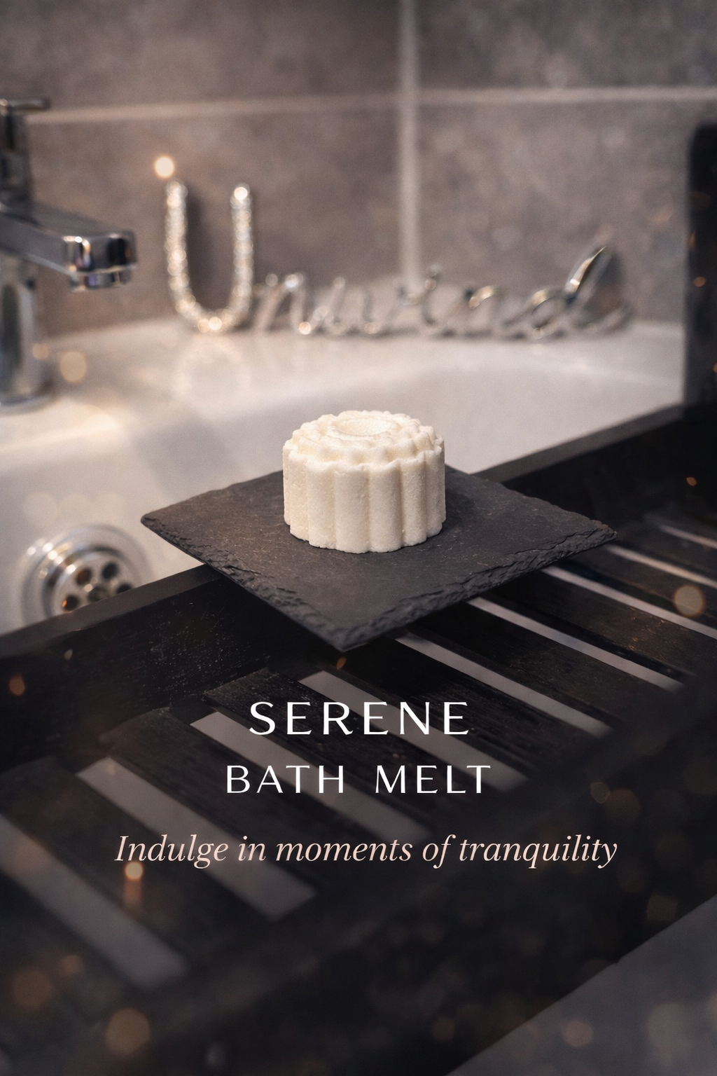 Serene bath melt in patterned mould on  black slate with text.  LL Steam Therapy