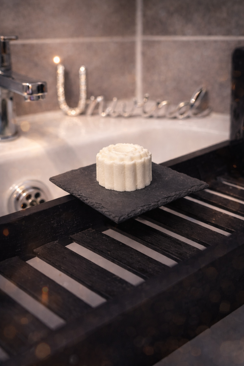 LL Steam Therapy Serene bath melt on black slate tile i cosy tranquil bathroom