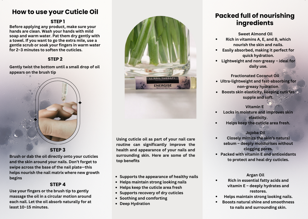 LL Nail Therapy trifold brochure of ingredients and how to use