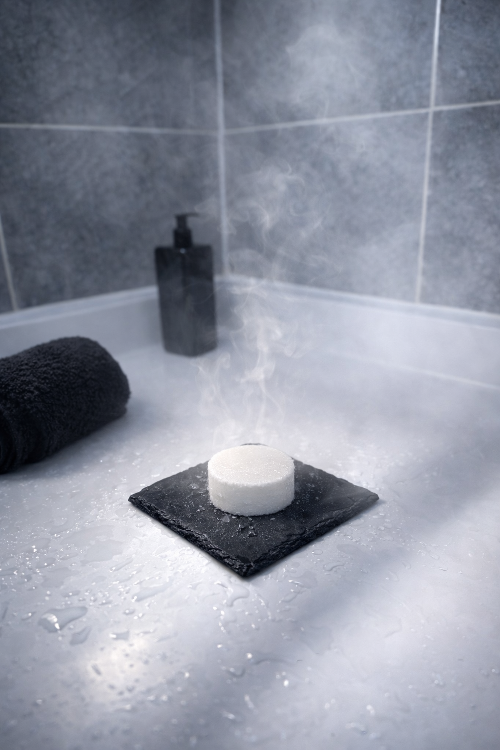 Breathe menthol shower steamer on a black slate in a steamy bathroom.  LL Steam Therapy